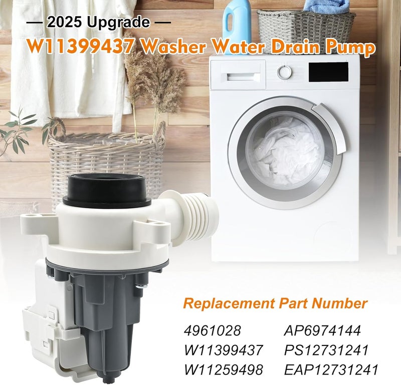 Modoo W11399437 W11259498 Washer Drain Pump (OEM) Compatible with Whirlpool WTW5000DW3 WTW5010LW0 WTW5105HW1 WTW5057LW0, PS12731241 Pump Compatible with Maytag MVW4505MW1 MVW5430MW0 MVWC565FW3 MVW6200KW1 - Image 3